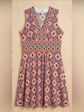 Wisp Tile Print V-Neck Empire Waist Dress Size 10